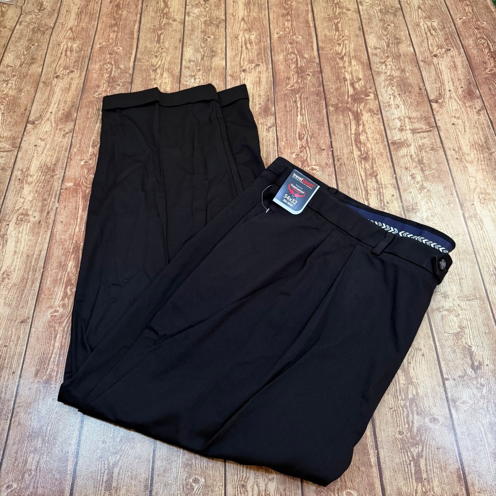 Roundtree & Yorke TravelSmart Dress Pants Mens 54x32 Black Pleated Classic Fit
